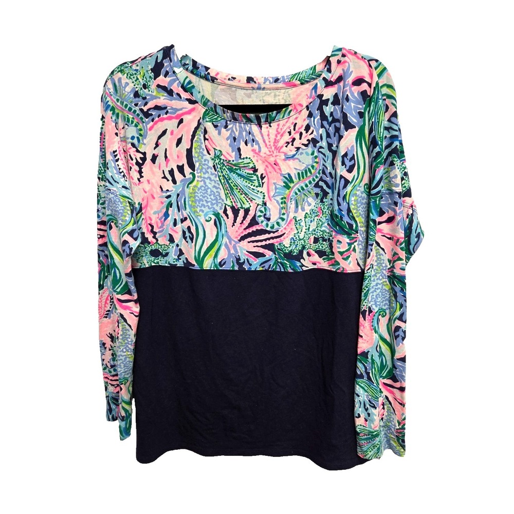 Lilly Pulitzer Finn Top Long Sleeve Navy Multi Bringing Mermaid Back Size Small
